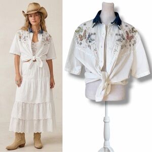VTG 90s Jane Ashley Embroidered Butterfly Western Pearl Denim Collar Shirt Large